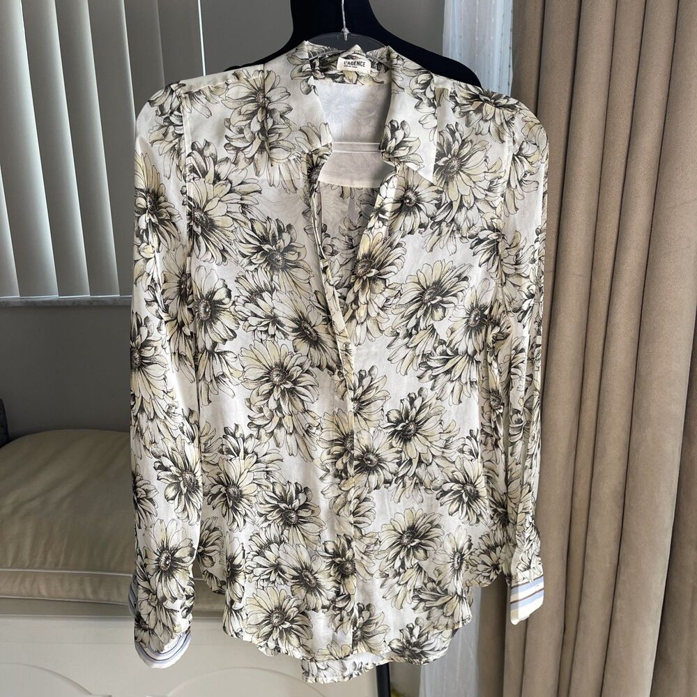 L'Agence Silk Ivory Sheer Floral  Print  Deep V Neck  Blouse Shirt  Sz 4